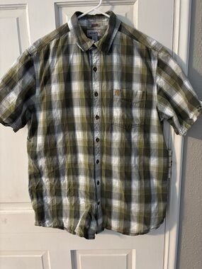 Carhartt Men's Green White Gray Plaid Short Sleeve Button-Up Shirt Cotton L Tall